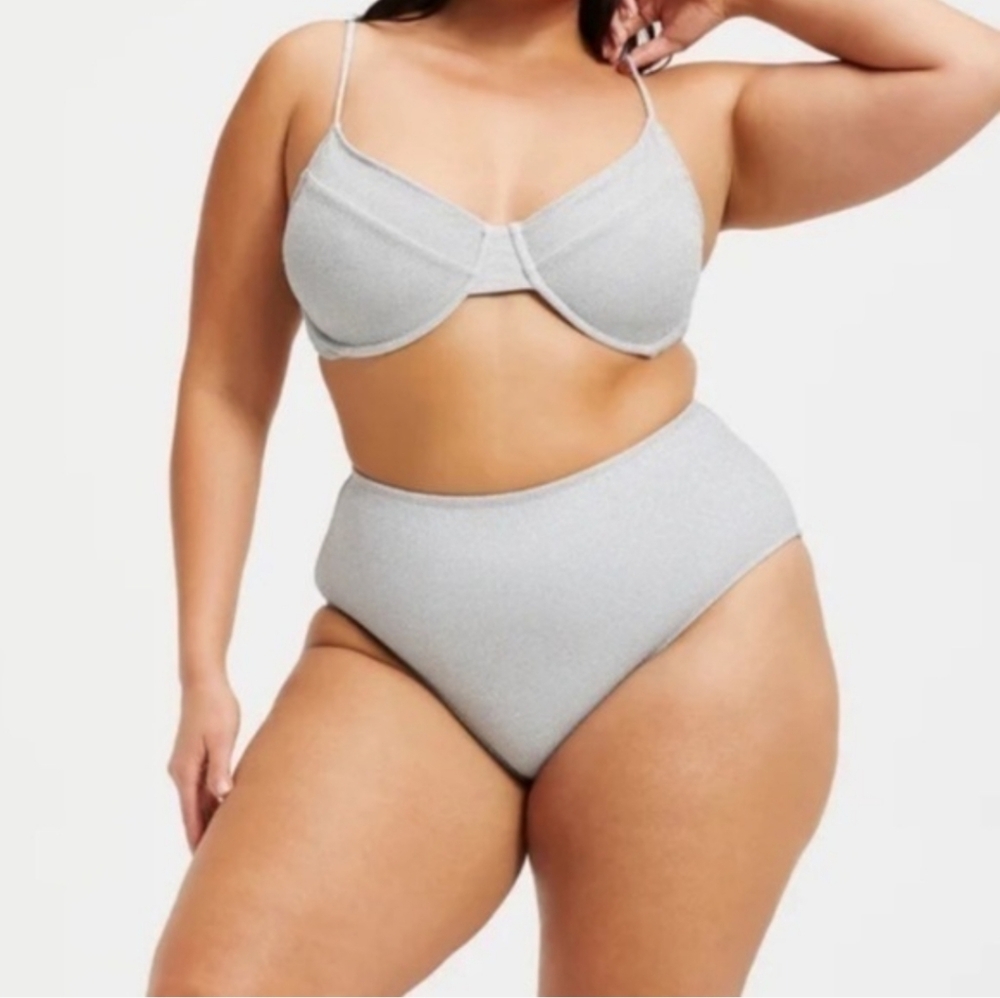 Good American Sparkle Silver Scoop Bra Bikini Top Underwire